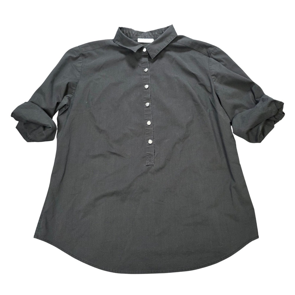 New York & Company Stretch Popover Top Women's Size M Black Roll Tab Sleeve